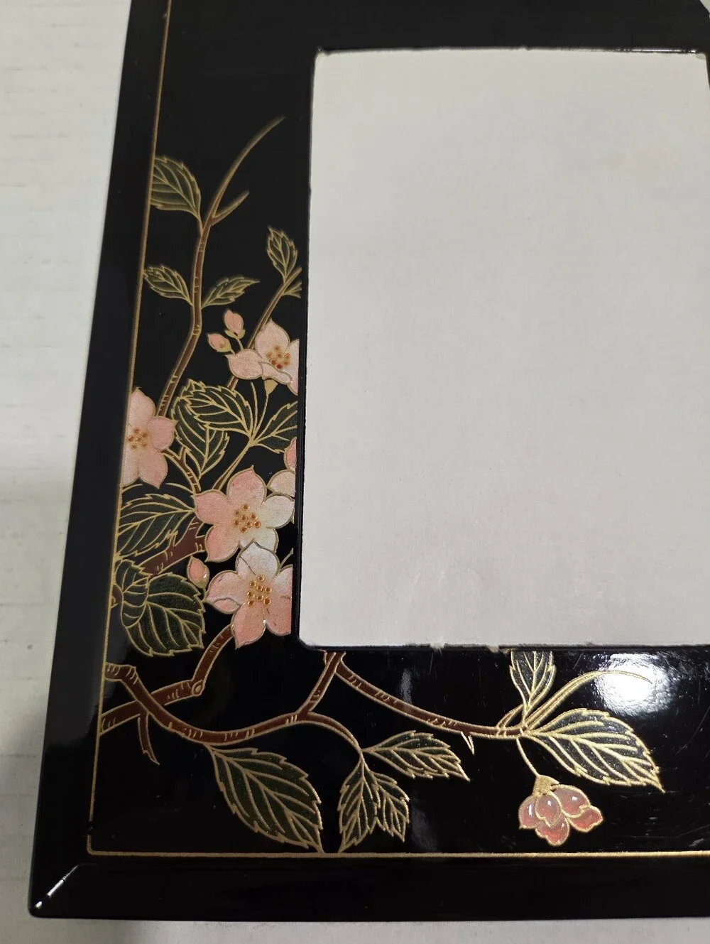Black Lacquer Vintage Floral And Butterfly Picture Frame